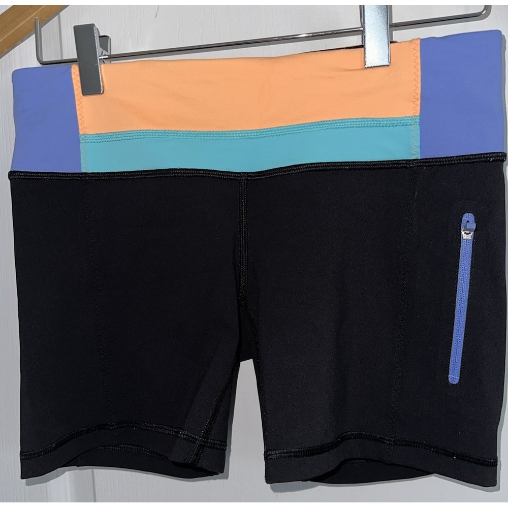 Lululemon‎ Run Fast Track Short II Size 6 Biker Pocket Black/Angel Blue/Lullaby
